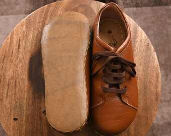 Unisex Flat  Wide Toe Box Leather Caramel Brown Lace-Up Shoes, Traditional Barefoot, Authentic, MTO Anatolian Comfy Shoes, Unique Footwear