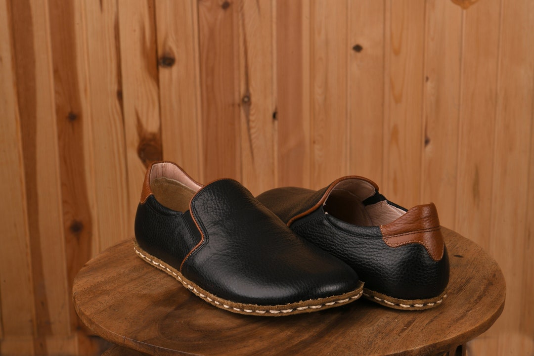 Women's Wide Toe Box Black Leather Casual Shoes, Authentic Barefoot House Shoes, Natural Leather