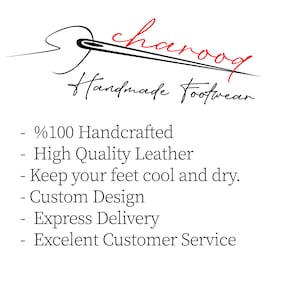May include: A logo for a handmade footwear company called "haroog". The logo features a needle and thread, and the text "Handmade Footwear". The text below the logo lists the company's key features: 100% handcrafted, high quality leather, custom design, express delivery, and excellent customer service.