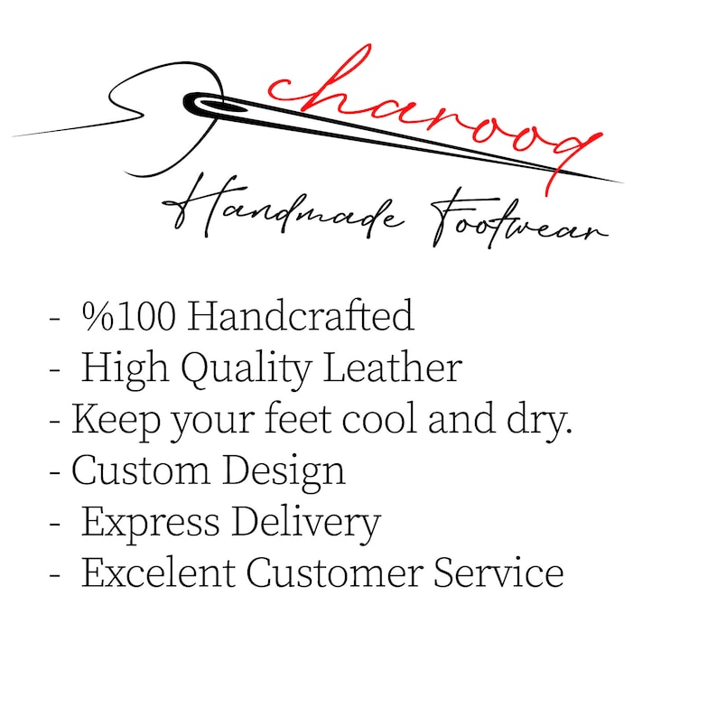 May include: A logo for a handmade footwear company called "haroog". The logo features a needle and thread, and the text "Handmade Footwear". The text below the logo lists the company's key features: 100% handcrafted, high quality leather, custom design, express delivery, and excellent customer service.