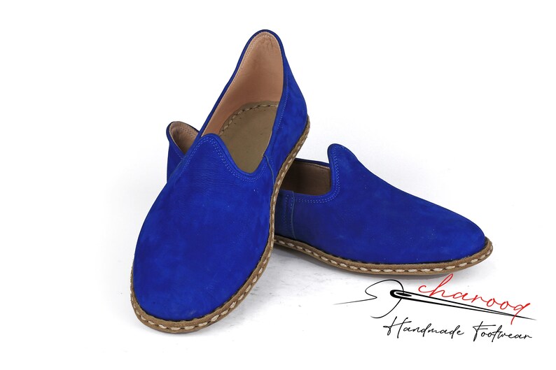 Men's Suede Leather, Comfort, Cobalt Blue Color House Shoes, Nubuck Flat Shoes traditional Yemeni, Fashionable Slip ons, Handmade Loafer image 4