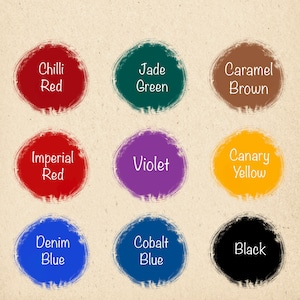 May include: Nine colour swatches with names written in white text. The colours are chilli red, imperial red, denim blue, cobalt blue, jade green, violet, canary yellow, caramel brown, and black.