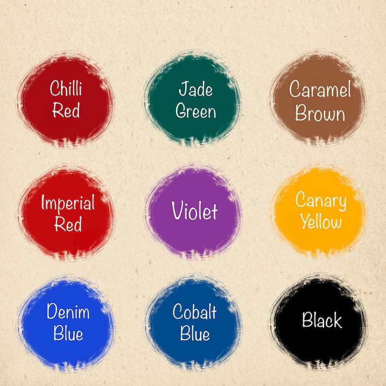 May include: Nine colour swatches with names written in white text. The colours are chilli red, imperial red, denim blue, cobalt blue, jade green, violet, canary yellow, caramel brown, and black.