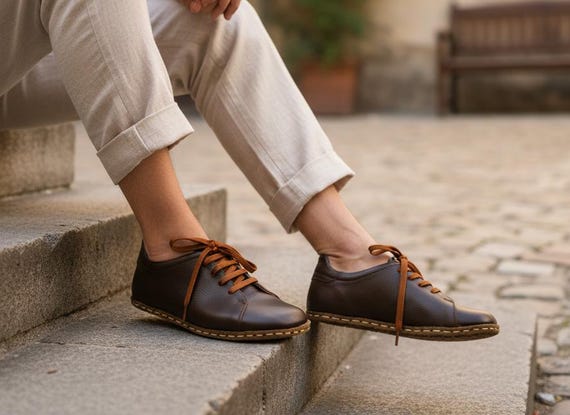 Men's Genunie Leather Casual Wide Toe Box Dark Brown Lace-Up Shoes,  Comfortable  Stylish Barefoot Flat Shoes,  Gift for Men, For Couples