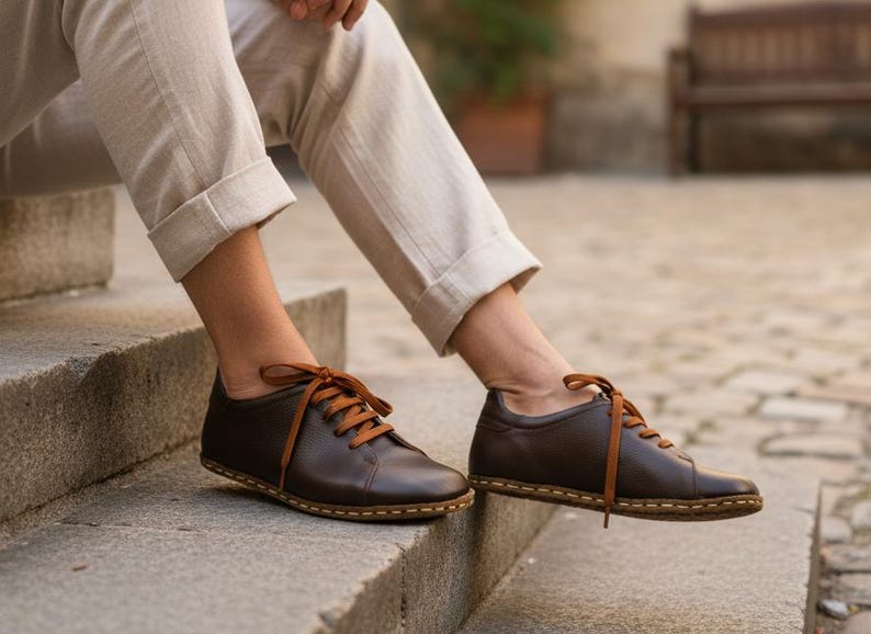 Men's Genunie Leather Casual Wide Toe Box Dark Brown Lace-Up Shoes, Comfortable Stylish Barefoot Flat Shoes, Gift for Men, For Couples image 1