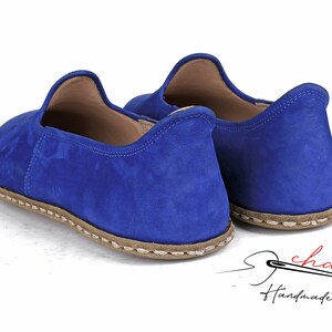 Men's Suede Leather, Comfort, Cobalt Blue Color House Shoes, Nubuck Flat Shoes traditional Yemeni, Fashionable Slip ons, Handmade Loafer image 5