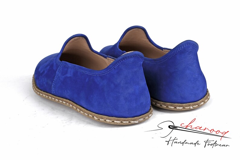 Men's Suede Leather, Comfort, Cobalt Blue Color House Shoes, Nubuck Flat Shoes traditional Yemeni, Fashionable Slip ons, Handmade Loafer image 5