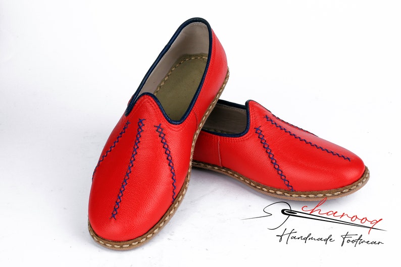 Genuine Leather Comfort Leather Flat Shoes, Authentic House Shoes , Red Color, Blue stitch pattern Slip on, Stylish Gift for Men For Women image 6
