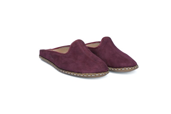 Women's Comfort Slippers, Nubuck Leather Handcrafted Shoes, Claret Red Color Comfy Yemeni Shoes,  Anatolian Slips on, Comfy Footwear