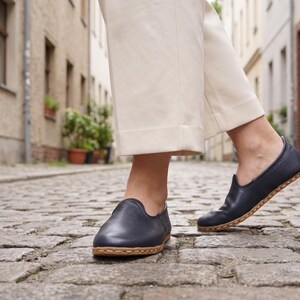 Women's Flat Wide Toe Box Navy Blue Genuine Leather Comfy Shoes, Barefoot Style Loafer, image 8