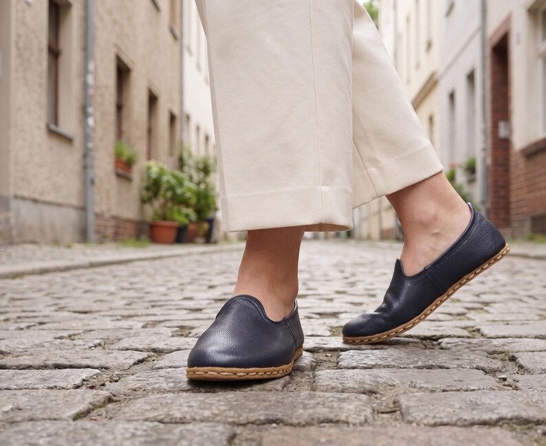 Women's Flat Wide Toe Box Navy Blue Genuine Leather Comfy Shoes, Barefoot Style Loafer, image 8