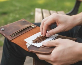 Genuine Leather Tobacco Pouch, Natural Leather Brown Handcrafted tobacco Case With Zip Pouch, Personalized Unique Leather Smokers Gift