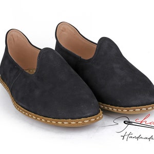 Women&#39;s Comfort Nubuck Leather , Navy Blue Color House Shoes, Flat  traditional Natural Leather Yemeni,  Fashionable Slip on, Leather Loafer