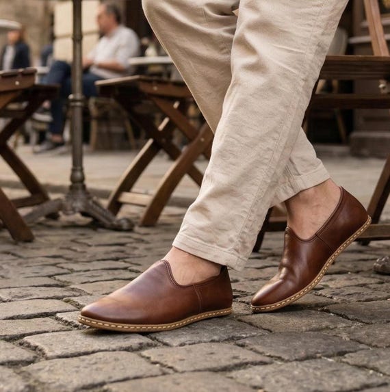 Charooq Heritage, Men's Brown Genuine Leather Comfort Shoes, Authentic Turkish Yemeni Loafers