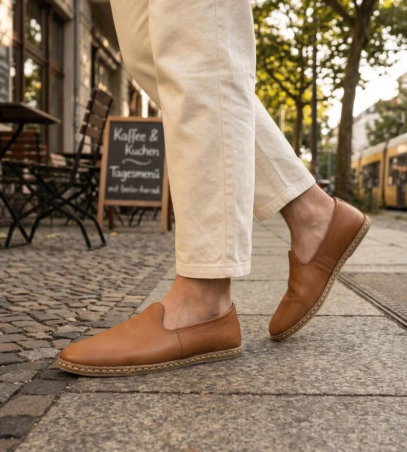 Men's Comfort Flat Leather Travel Shoes, Tan Color Zero Drop Slip Ons, Traditional Yemeni Loafer image 6