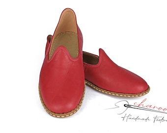 Zapatos de casa Heritage para mujer, cómodos, sin cordones, color rojo carmesí, planos de cuero turco yemení, mocasines transpirables de caída cero.