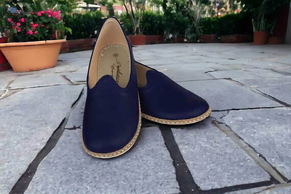 Women's Flat Wide Toe Box Navy Blue Genuine Leather Comfy Shoes, Unique, Stylish Barefoot House Shoes, 100% Handcrafted Loafer Gift For Her