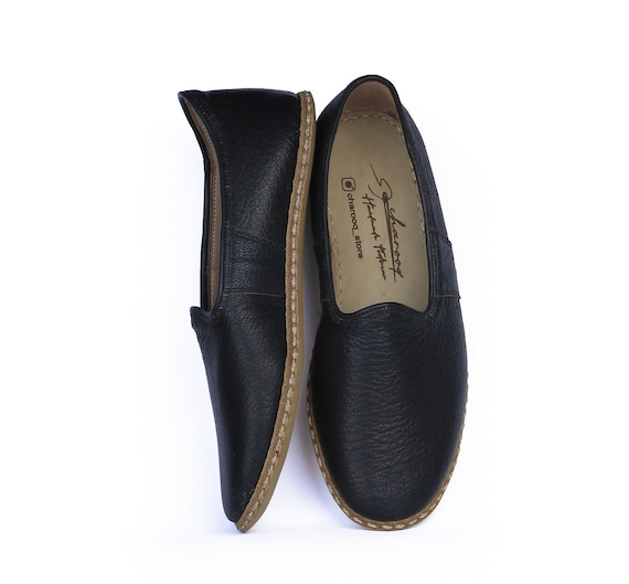 Heritage Women's  Flat Natural Patterned Leather Black Traditional Shoes, Comfortable Anatolian Turkish Yemeni Shoes, Authentic Style Loafer
