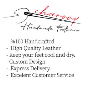 May include: A black and white illustration of a needle and thread with the text "haroog Handmade Footwear" below. The text below the illustration lists the following features: 100% Handcrafted, High Quality Leather, Keep your feet cool and dry, Custom Design, Express Delivery, and Excellent Customer Service.