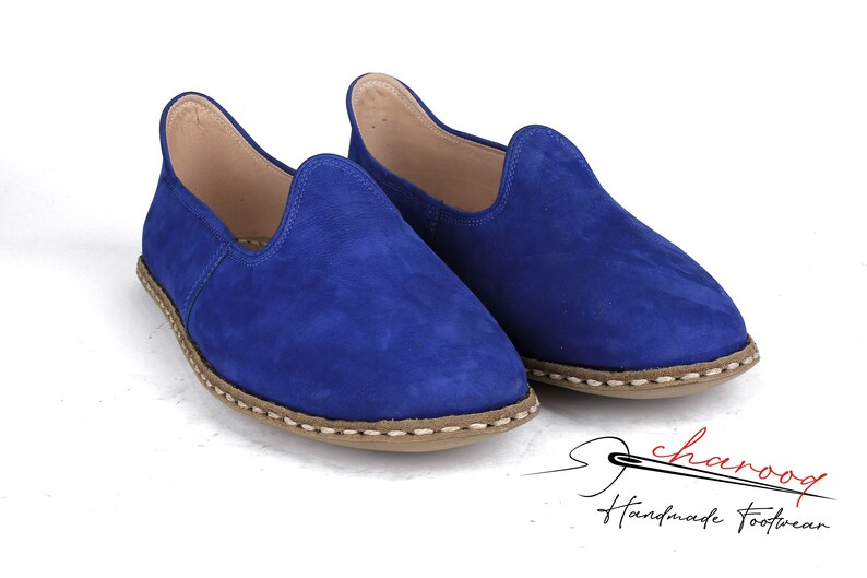 Men's Suede Leather, Comfort, Cobalt Blue Color House Shoes, Nubuck Flat Shoes traditional Yemeni, Fashionable Slip ons, Handmade Loafer image 1