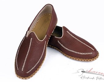 Men's  Genuine Leather, Brown Color, Flat, Stitch Pattern Stylish Shoes  Anatolian Slips on, Handcrafted Unique Loafer. Shoes Gift for Men