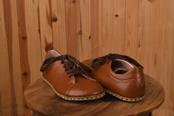 Genuine Leather Flat Wide Toe Box Caramel Brown Lace-Up Shoes, Stylish Barefoot, Authentic, Comfortable Shoes, Made to Order Unique Footwear