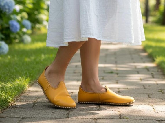 Heritage Women's Natural Leather Comfort House Shoes, Yellow Color, Flat Handmade  traditional Shoes,  Anatolian Slip Ons, Leather Loafer