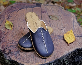 Men's Wide Toe Box Stitch Pattern Blue Natural Leather Slippers, Barefoot Flat House Shoes, Comfy Yemeni, Anatolian Slippers, Footwear Gift