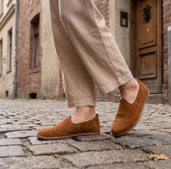 Women's Brown Suede Flexible Sole Shoes, Wide Toe Box Barefoot Style Comfort Slip-Ons