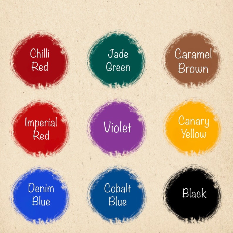 May include: Nine colour swatches with names written in white text. The colours are chilli red, imperial red, denim blue, cobalt blue, jade green, violet, canary yellow, caramel brown, and black.