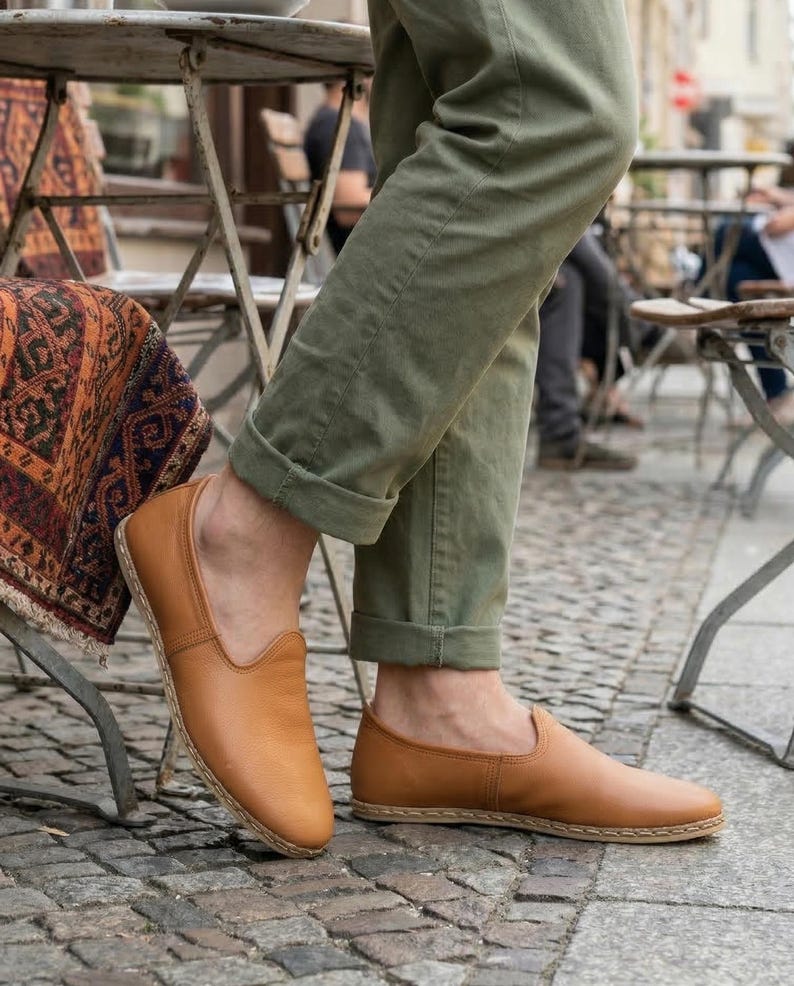Men's Comfort Flat Leather Travel Shoes, Tan Color Zero Drop Slip Ons, Traditional Yemeni Loafer image 8