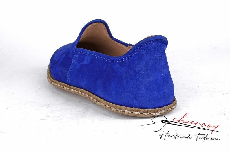 Men's Suede Leather, Comfort, Cobalt Blue Color House Shoes, Nubuck Flat Shoes traditional Yemeni, Fashionable Slip ons, Handmade Loafer image 2