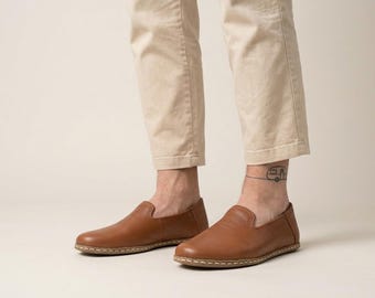 Men's Wide Toe Box Brown Genuine Leather Zero Drop Loafers, Comfy Barefoot Style Shoes