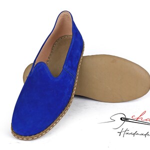 Men's Suede Leather, Comfort, Cobalt Blue Color House Shoes, Nubuck Flat Shoes traditional Yemeni, Fashionable Slip ons, Handmade Loafer image 6