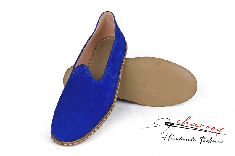 Men's Suede Leather, Comfort, Cobalt Blue Color House Shoes, Nubuck Flat Shoes traditional Yemeni, Fashionable Slip ons, Handmade Loafer image 6