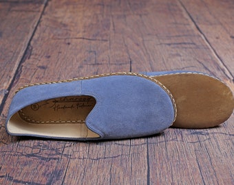 Unisex  Sky Blue Genuine Nubuck Leather Handcrafted Wide Toe box House Shoes, Flat Barefoot Loafer, Authentic Comfort Slip-Ons, Unique Gift