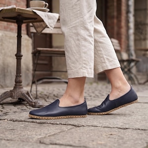 Women's Flat Wide Toe Box Navy Blue Genuine Leather Comfy Shoes, Barefoot Style Loafer, image 10