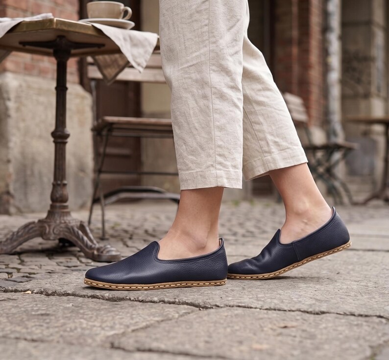 Women's Flat Wide Toe Box Navy Blue Genuine Leather Comfy Shoes, Barefoot Style Loafer, image 10