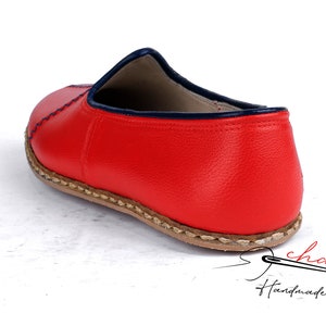 Genuine Leather Comfort Leather Flat Shoes, Authentic House Shoes , Red Color, Blue stitch pattern Slip on, Stylish Gift for Men For Women image 4