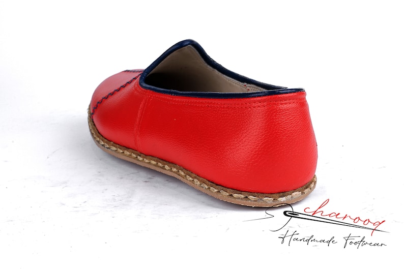 Genuine Leather Comfort Leather Flat Shoes, Authentic House Shoes , Red Color, Blue stitch pattern Slip on, Stylish Gift for Men For Women image 4