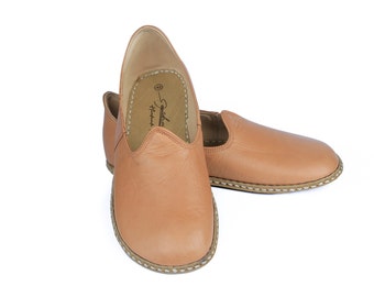 Horizon Men&#39;s Wide Toe Box Comfort Tan Color Shoes, Authentic House Shoes, Flat Turkish Yemeni Shoes, Anatolian Barefoot Loafer Gift For HIM