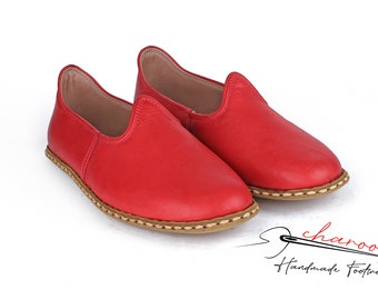 Zapatos planos y cómodos de piel auténtica Heritage para mujer, mocasines yemeníes auténticos en color rojo, sin cordones, tradicionales, hechos a medida, regalo para ella.