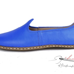 Pu&ograve; includere: Un paio di scarpe da uomo in pelle blu con suola cucita marrone. Le scarpe hanno una punta a punta e un design semplice.