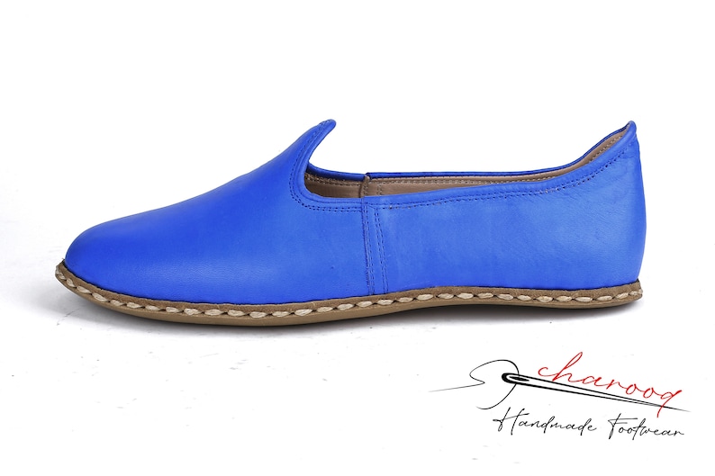 Pu&ograve; includere: Un paio di scarpe da uomo in pelle blu con suola cucita marrone. Le scarpe hanno una punta a punta e un design semplice.