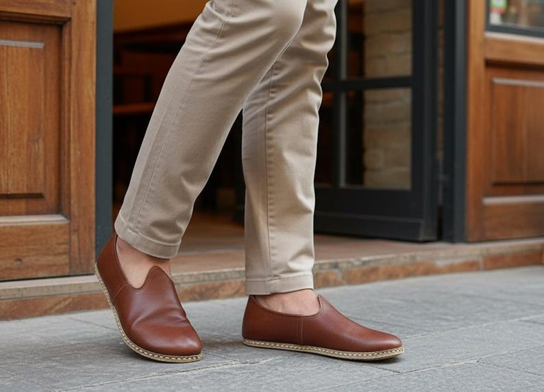 Men's Wide Toe Box Caramel Brown Genuine Calf Leather Shoes, Turkish Yemeni Loafer image 1