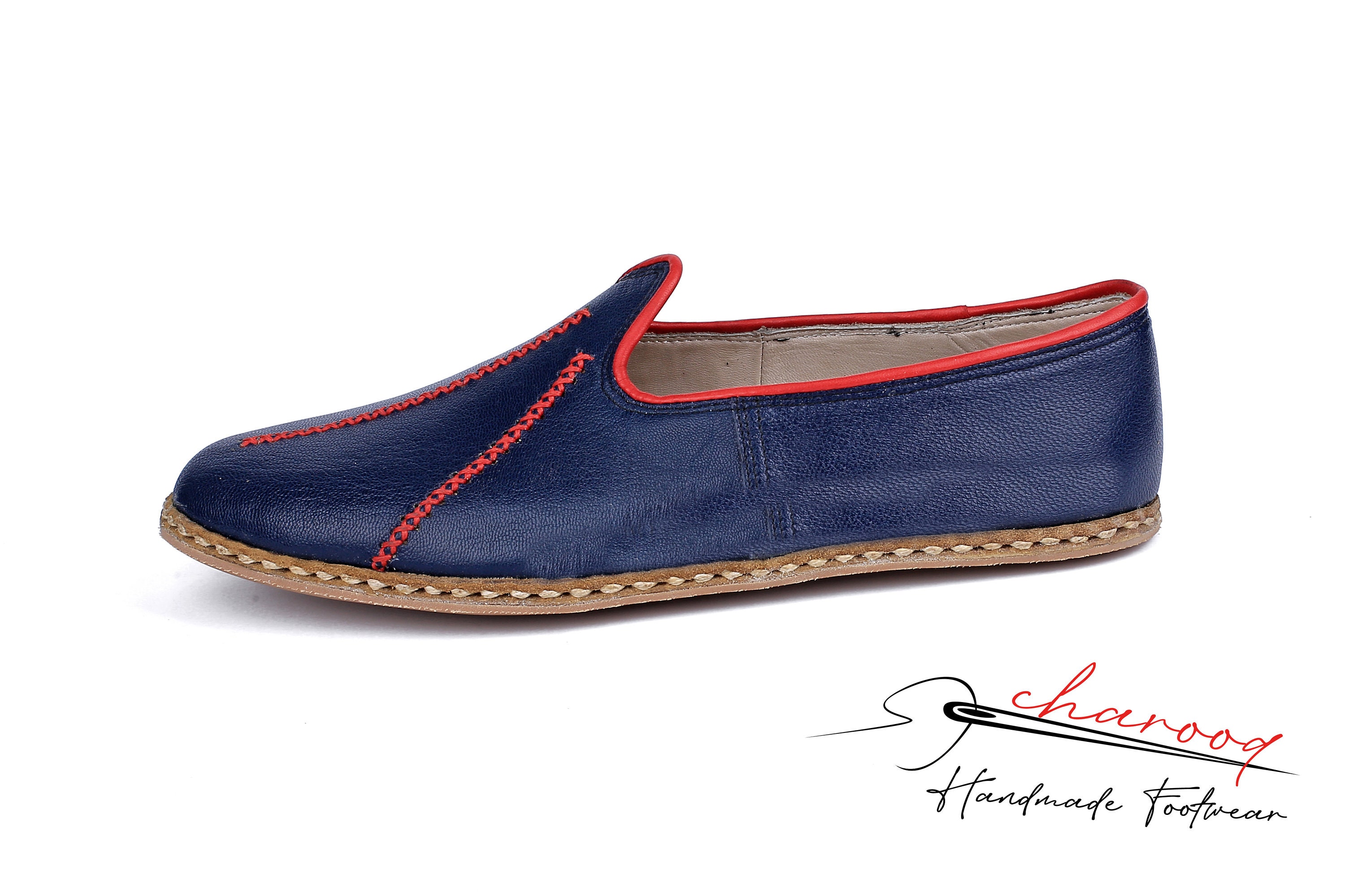 Men's Flat Comfort Leather Shoes, Dark Blue Color ,Red stitch pattern House Shoes, Handmade Flat traditional Yemeni Shoes, Slip Ons, Loafer