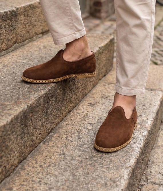Men's  Brown Color Nubuck Leather Shoes, Zero Drop Leather Loafers