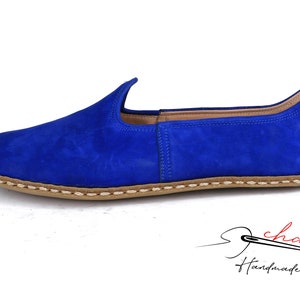 Men's Suede Leather, Comfort, Cobalt Blue Color House Shoes, Nubuck Flat Shoes traditional Yemeni, Fashionable Slip ons, Handmade Loafer image 3