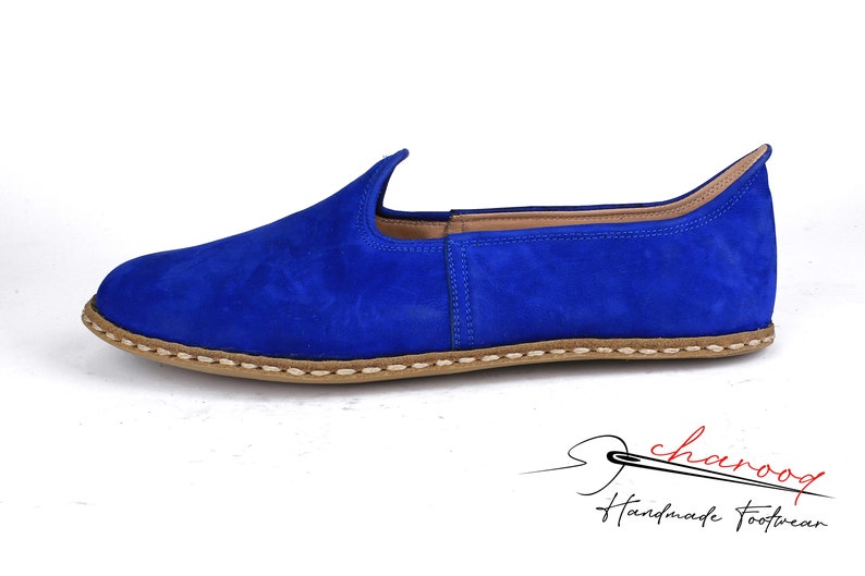 Men's Suede Leather, Comfort, Cobalt Blue Color House Shoes, Nubuck Flat Shoes traditional Yemeni, Fashionable Slip ons, Handmade Loafer image 3