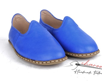 Men's Genuine Leather Comfort House Shoes. Blue Color Loafers, Traditional Yemeni Shoes, Handmade Slippers, Leather Shoes, Gift for Him